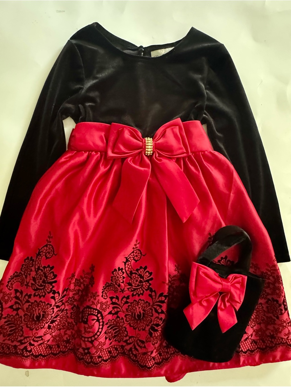 Rare Editions Girls 6X Red Black Velvet Holiday Party Dress + Purse